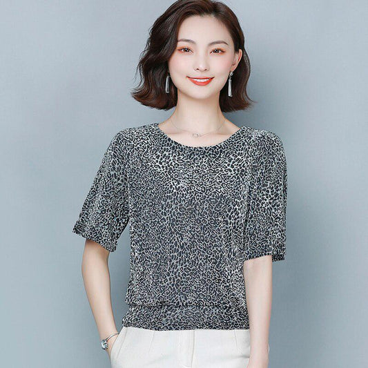 Women's Leopard Print Short Sleeve T-Shirt Summer Large Size Loose Round Neck Top