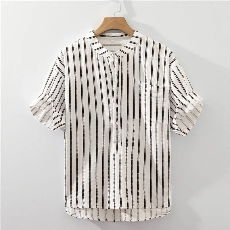 Striped Japanese Short-sleeved Shirt Men's Summer Loose Thin Section Stand-up Collar Pullover T-shirt