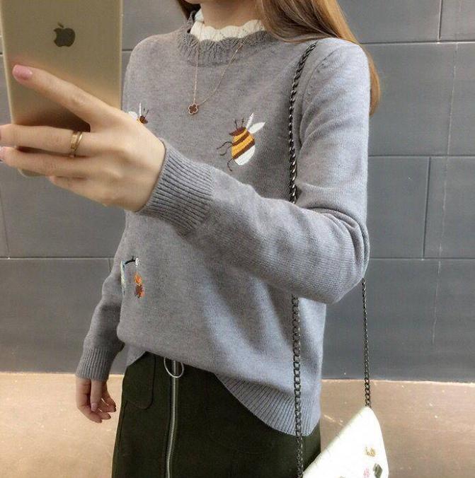 Pofulove Autumn and Winter Loose Short Paragraph Pullover Sweater Trend Embroidered Base Sweater