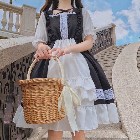 Girl Cosplay Dress Lolita Style Puff Sleeve Bandage Sweet Sailor Collar Lace Dress Kawaii Ruffles Dress