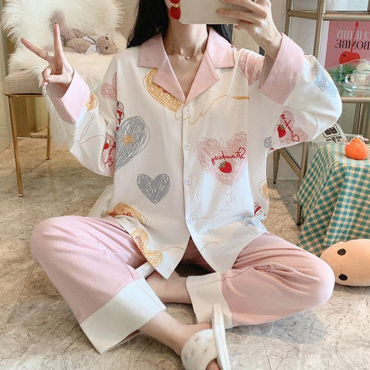 Pajama Suit Ladies Long-sleeved Trousers Cute Cardigan Girl Princess Style Home Clothes Can Wear Casual Clothes