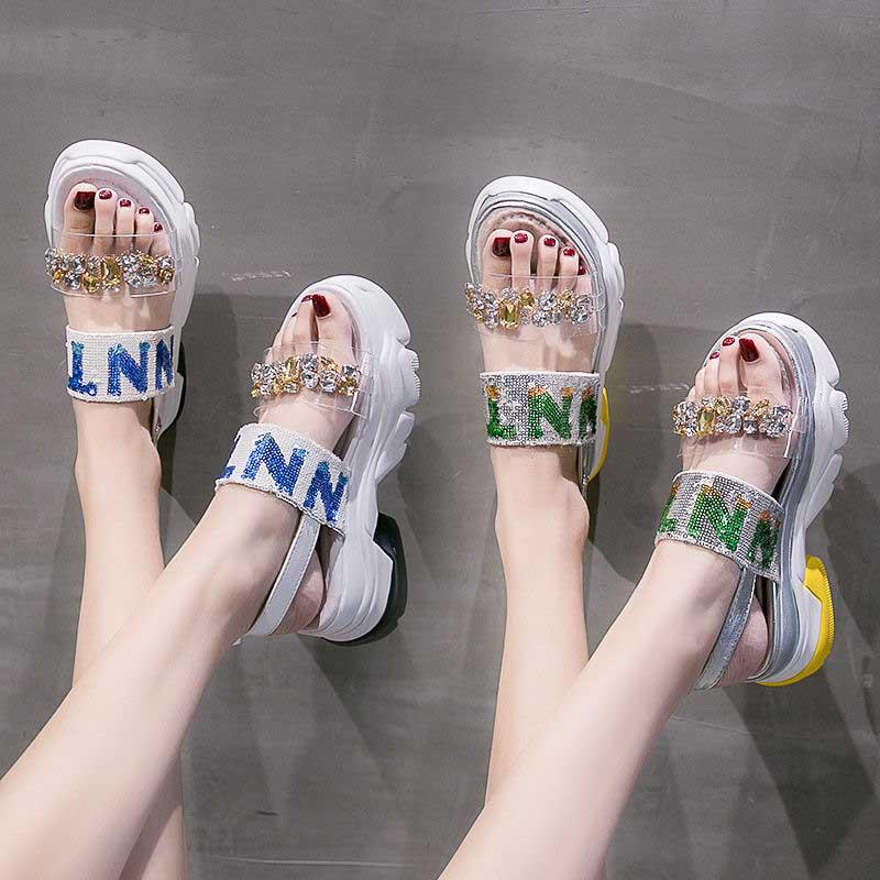 Size35-39 Summer Women Shiny Slippers Outdoor Crystal High Heels Bohemian Beach Wear-resistant Non-slip Slippers Wedge Platform Rhinestone Sandals