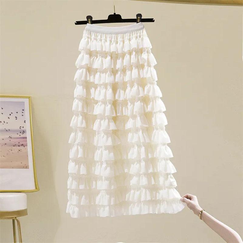 Women Tiered Skirts Summer Elegant Chiffon A-line Layered Skirt Female Elastic High Waist Preppy Style Dancing Long Skirts