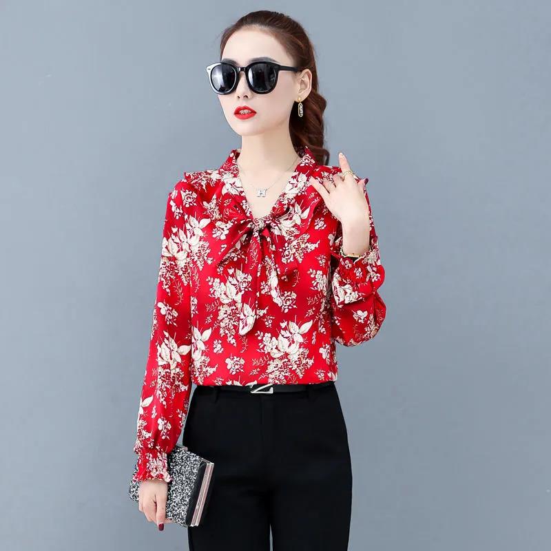 Spring and Autumn Long Sleeve Chiffon Shirt Women Loose Plus Size Printed Shirt Top