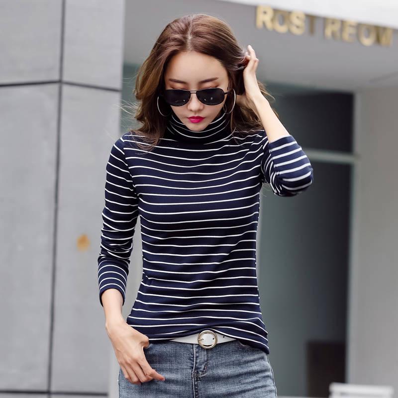 Autumn and winter new Slim shirt long-sleeved T-shirt high collar striped tight bottoming shirt