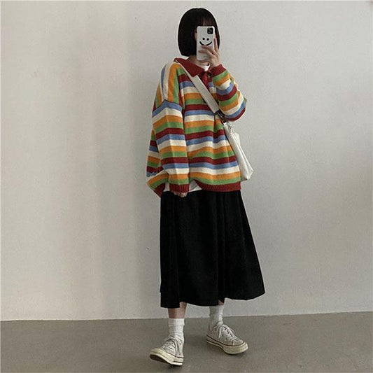 Autumn and Winter College Style Color Stripes Student Loose Mid-length Coat Sweater Women