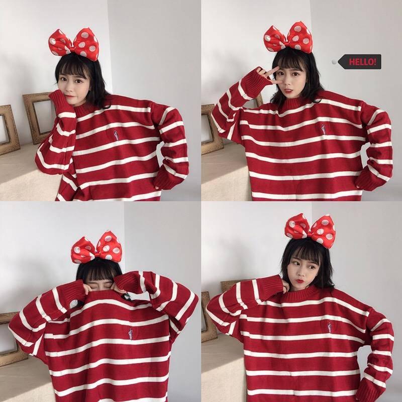 Pofulove Autumn Winter Striped Sweater Women's Korean Loose Round Neck Pullover Embroidery Sweater