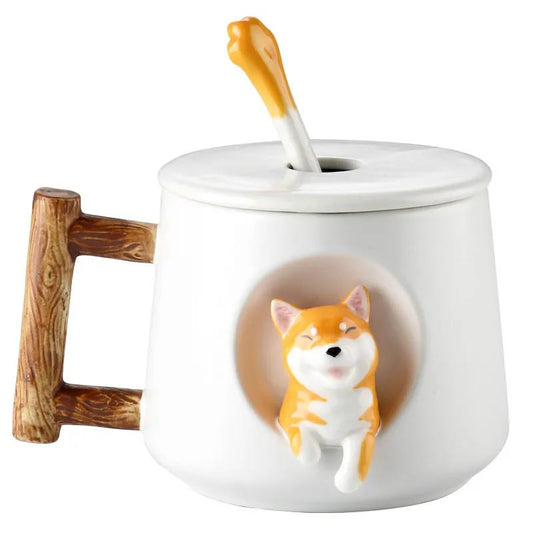 Creative Ceramic Personality Cute Mug with Lid Spoon Household Couple Men and Women Coffee Cup Shiba Inu Cup Gift