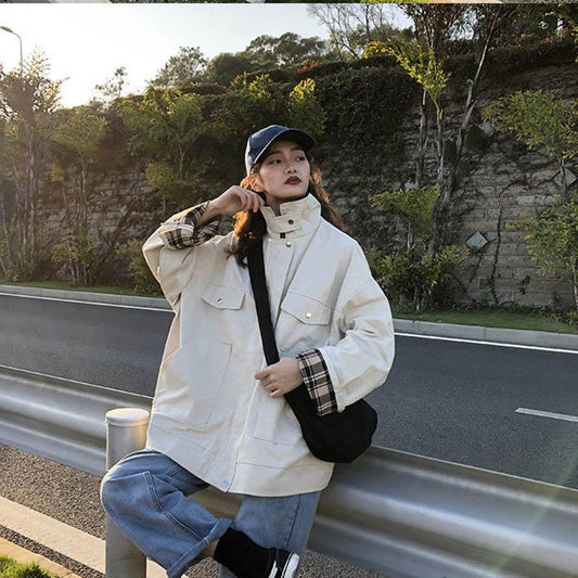 Workwear Jacket Female Students Loose Hong Kong Style Retro Spring and Autumn Short Windbreaker