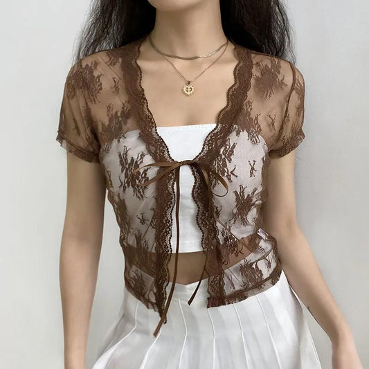 Sexy Lace Blouse Lightweight Lace-Up Top Women Casual V-Neck Short Blouse Women Summer Tops