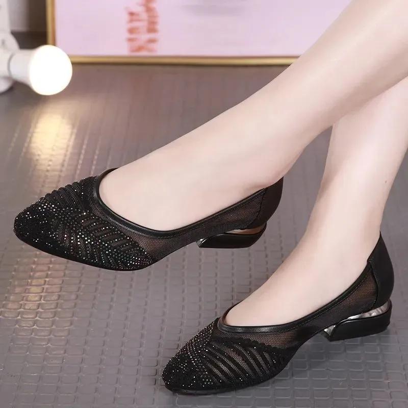Mesh Sandals Women's Soft Leather Summer Hollow Breathable Low-heeled Shoes Pointed Toe Shoes Shallow Casual Shoes Single Shoes