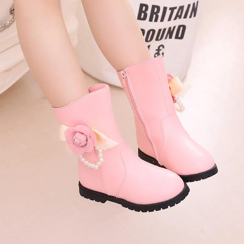 Girls' Boots Autumn and Winter Solid Color Flower Martin Boots Plush Warm Pearls Princess Snow Boots