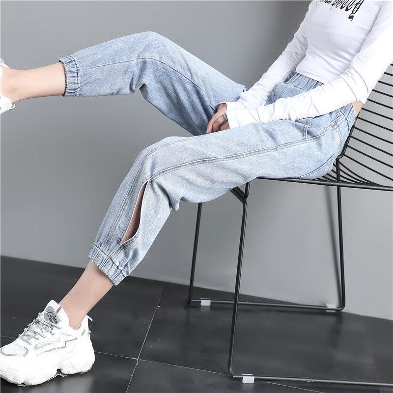 WTEMPO Women's Jeans Loose Elastic Waist Side Split Wide Leg Straight Denim Big Pocket Trousers