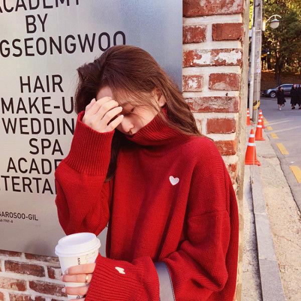 Pofulove Soft girl sweater women's sweater loose mesh red knitted sleeves are pretty fairy cute