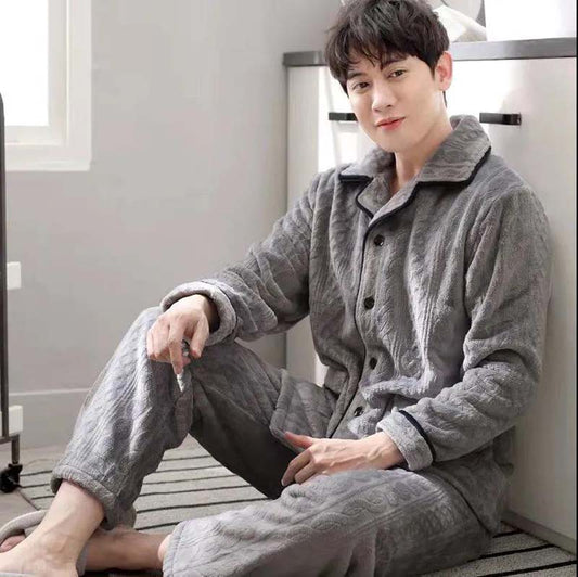 Coral Fleece Pajamas Men's Autumn and Winter Thickening Plus Fleece Young and Middle-aged Long-sleeved Cardigan Home Service Suit