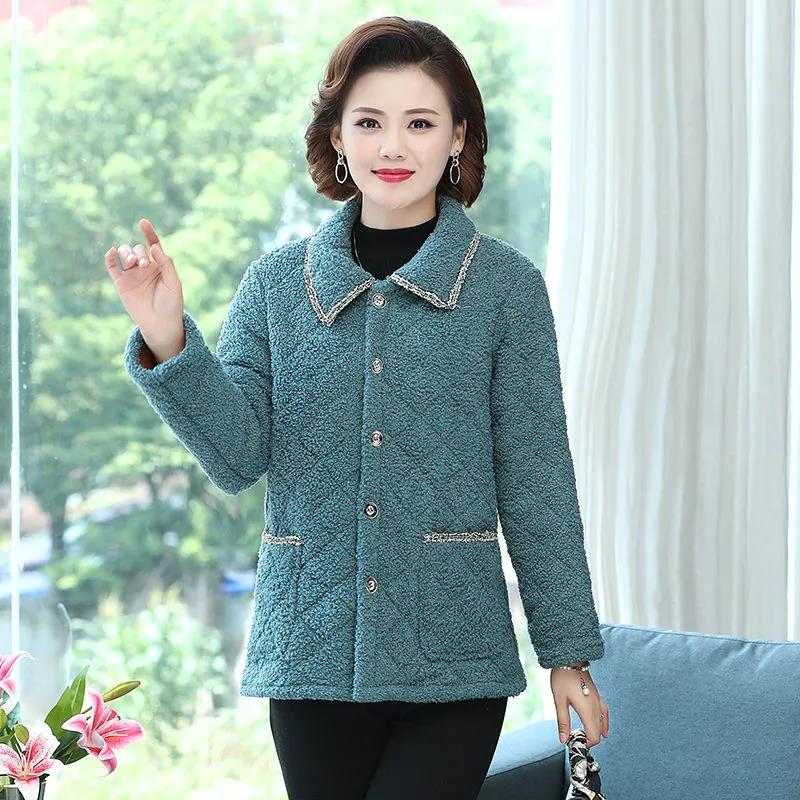 Small Fragrant Wind Short Coat Ladies Middle-aged and Elderly Lamb Wool Coat Plus Velvet Thick Casual Winter Small Padded Jacket