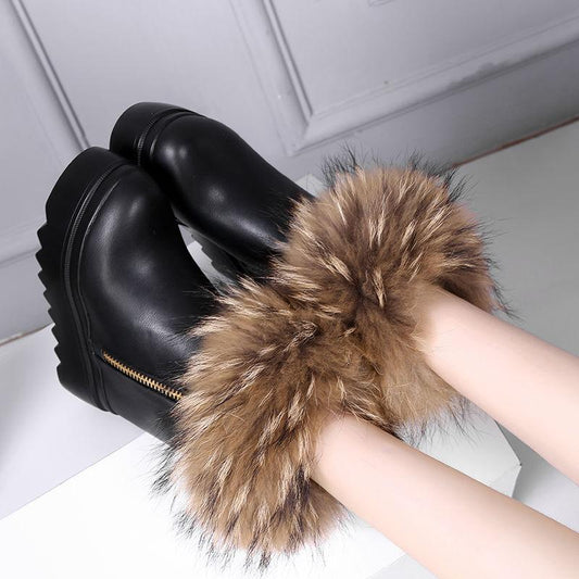 Women's Snow Boots Leather Wedges Non-slip Boots High Heel Women's Ankle Boots with Detachable Fur