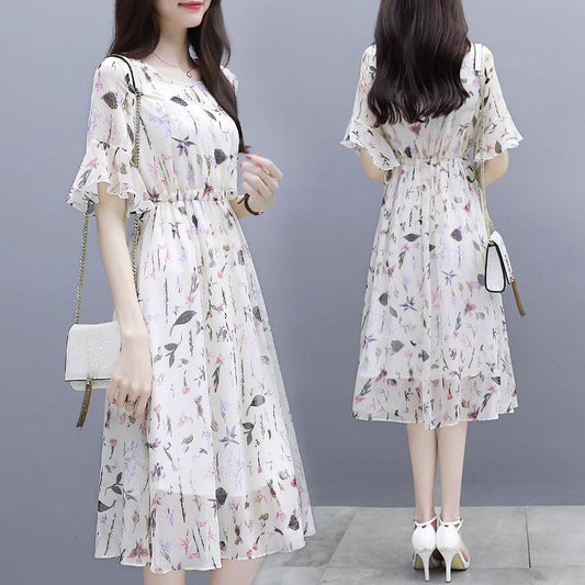 Chiffon Dress Summer Temperament Was Thin, Printed Fairy A-line Mid-length Waist Floral Skirt Round Neck Short-sleeved Ladies Chiffon Dress