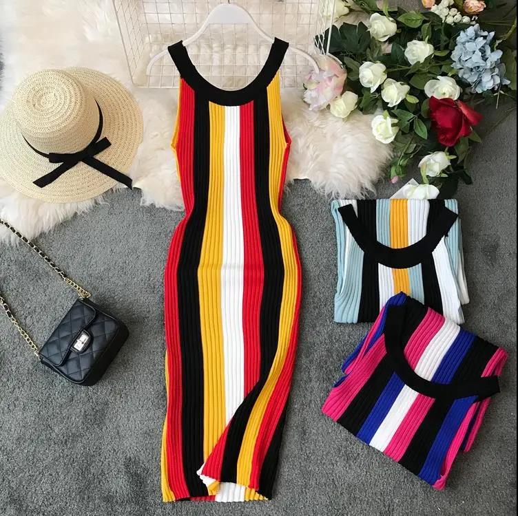 Women's Round Neck Sleeveless Halter Neck Dress Striped Knitted Dress Elastic Slim Bodycon Dress for Party