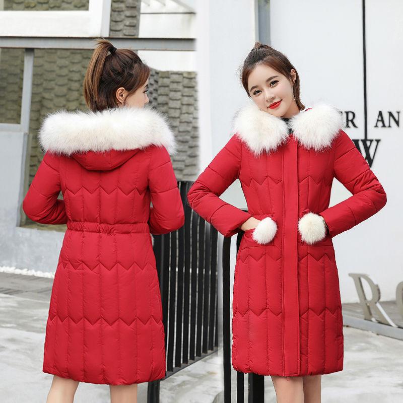 Winter Ladies Down Padded Jacket Mid-length Fur Collar Hooded Down Padded Jacket Slim Hooded Padded Warm Parka Coat