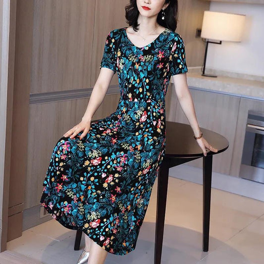 Women's Plus Size Loose Long Printed Dress Slim Round Neck A-line Skirt