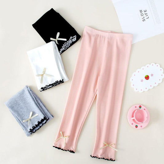 Girls' Leggings Children's Spring and Autumn Thin Bow Korean Ninth Pants Baby Outer Wear and Inner Wear Stretch Pants