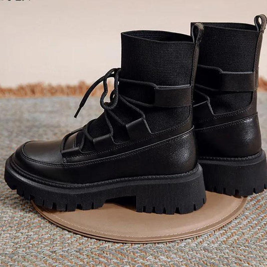 Women Boots Leather Shoes Female Platforms Ankle Boots Fashion Lace Up Chunky Botas Ladies Black Plus Booties