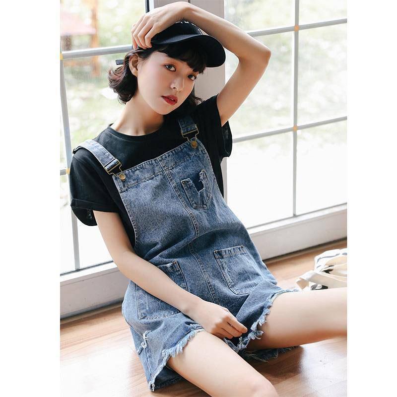 T-shirt Overalls Suits Women T-shirt Elastic Waist Strap Denim Shorts Two Piece Short Set
