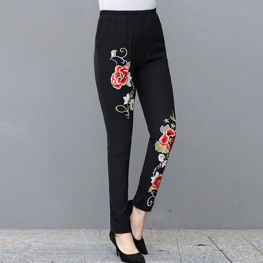 High-waist Leggings Women's Outer Wear Stretch Pants Plus Size Pants Ethnic Style Embroidery Slim-fitting Pants