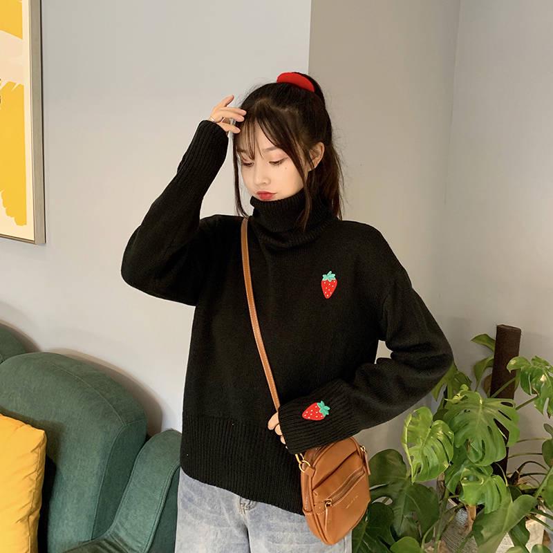 Winter Long-sleeved Loose Strawberry Embroidered Turtleneck Sweet Girl Was Thin Sweater