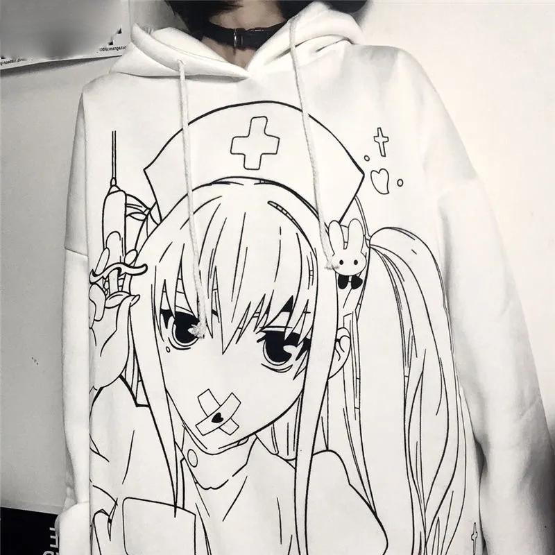 Women Hoodies Anime Sweatshirt White Hooded Oversized Tracksuit Autumn Winter Hooded Sport Shirts