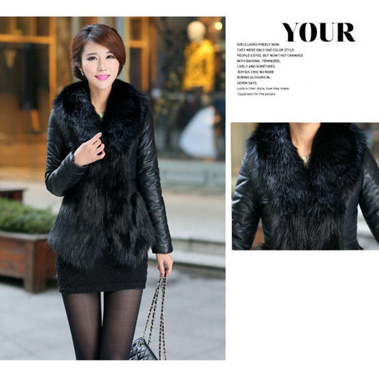 Autumn and Winter Faux Fur Coat Short Women Plus Cotton Thick Leather Coat with Faux Fox Fur Collar Female Black Leather Coat
