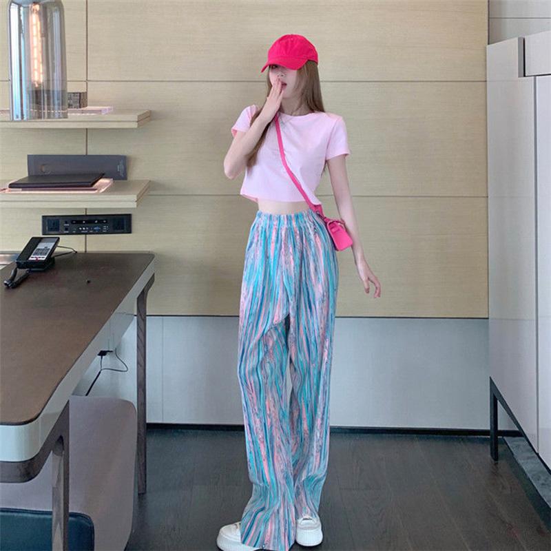 Summer Suit Women's Round Neck Short-sleeved T-shirt Loose Straight Wide-leg Pants Two-piece Casual Sports Suit Home Service
