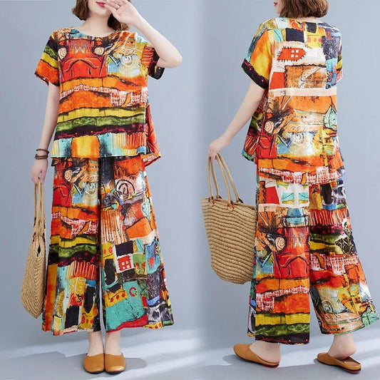 Two-piece Suit Cotton Large Size Ethnic Style Suit Female Summer Literature and Art Retro Short-sleeved Wide-leg Nine-point Pants Loose
