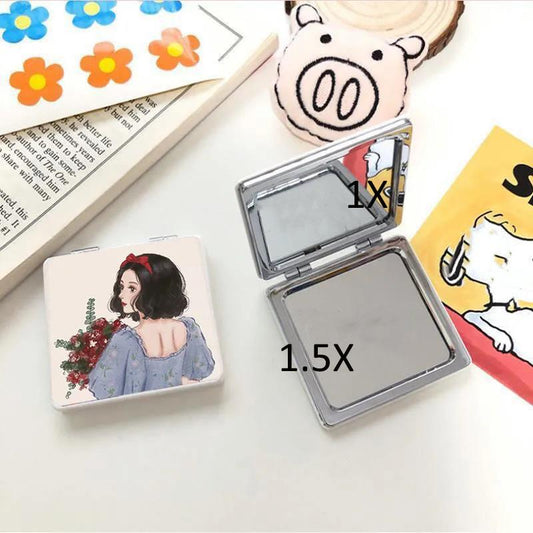 Double-sided Mirror with Flip Cover Cartoon PU Ladies Makeup Mirror Collapsible Must-have Makeup for Travel Appointment Portable HD Thin and Light