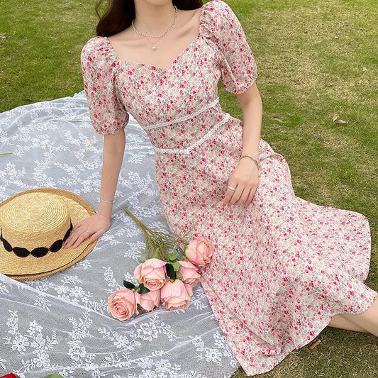 Women's Summer Mid-length Skirt Square Neck Sweet Floral Dress
