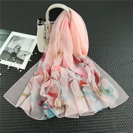 Printed Chiffon Silk Scarf Women 90*180cm Oversized Sunscreen Holiday Seaside Beach Shawl