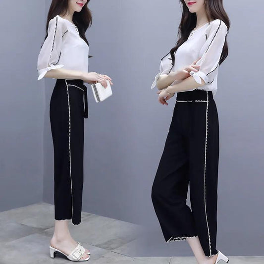 Women's Wide-leg Pants Two-piece Suit Black and White Suit Elegant Temperament Female Professional Suit, Working Lady Suit Two-piece Suit