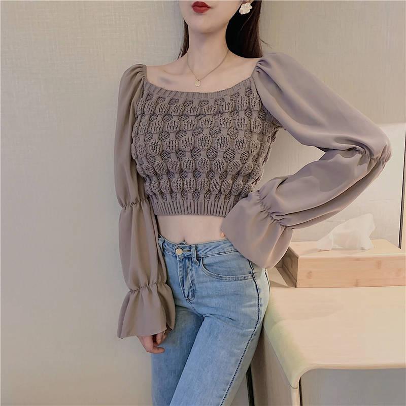 Pofulove Sexy Strapless Pullover Long-Sleeve Short Sweater Women Open Navel Slim Waist Knitwear