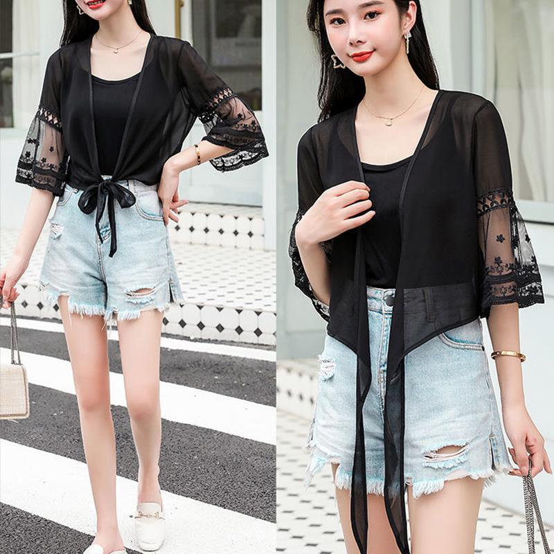 1 PCS Lace Cardigan Women Beach Sun Protection Summer Short Solid Color Thin Shawl White Flower Pattern