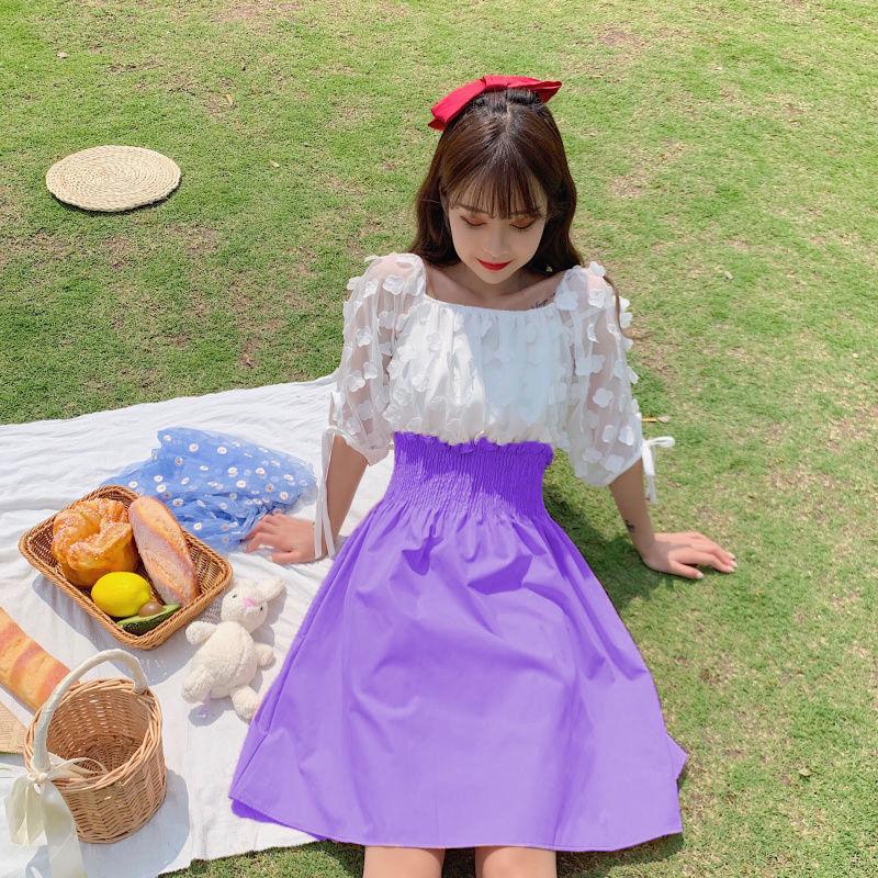 Women Summer Elegant Short Sleeve Square Neck Mid-length Holiday Dress Slim Vintage Patchwork Sweet A-line Party Dress