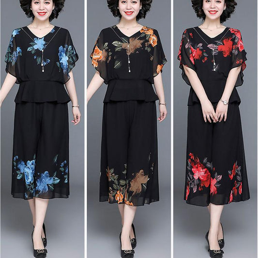 WTEMPO 2pcs Chiffon Shirt Pants Suit Spring and Summer Women's Plus Size Short Sleeve Loose Casual Two-piece Set