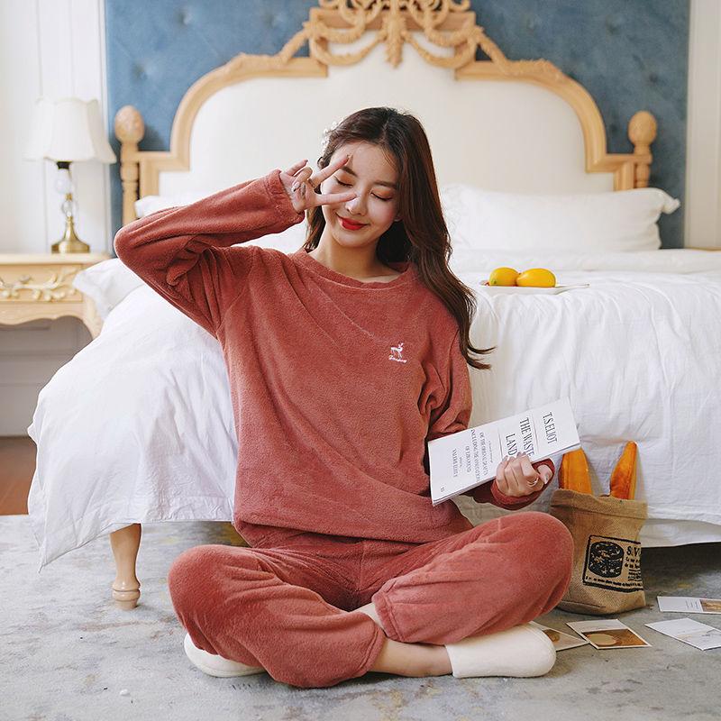 Winter Thickened Warm Pants Suit Autumn and Winter Coral Fleece Warm Loose Large Size Women's Pajamas