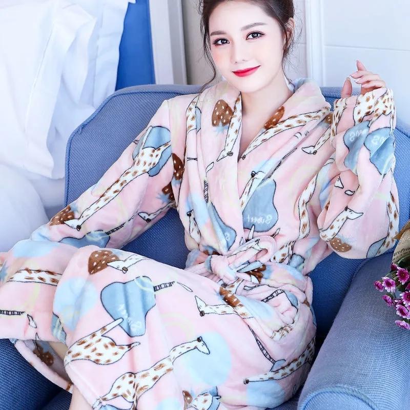Women's Coral Fleece Long Nightgown Robe Autumn Winter Thickened Flannel Bathrobe Sexy Pajama Dress Bandage Loose Home Wear
