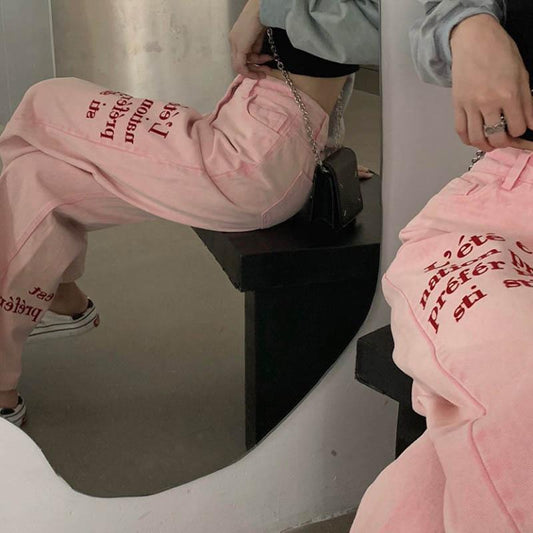 Pink Letters Embroidery Jeans Large Size High Waist Loose Straight Casual Long Pants