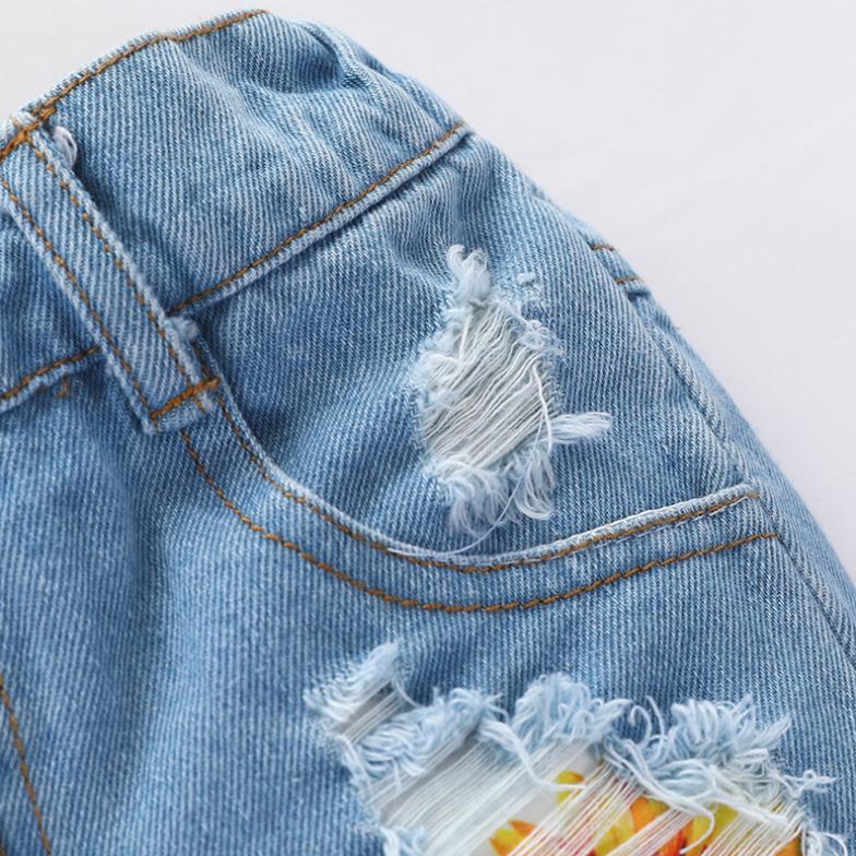 Girls Summer Dress One-shoulder Printing Shirt Denim Shorts Suit Summer Girls Short-sleeved Hole Shorts Set