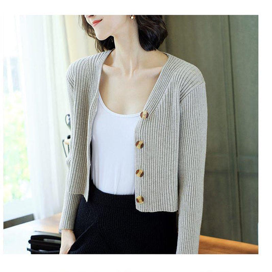 Short Knitted Jacket Spring and Autumn Korean Tops Pure Color Cardigan Youth Women's Sweater