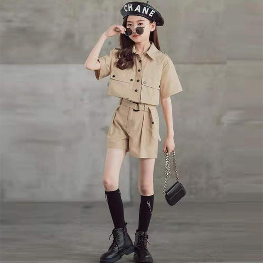 Girls Personality Suit Fashion Trend Heavy Tooling Short-sleeved Two-piece Suit Western Style Parent-child Summer