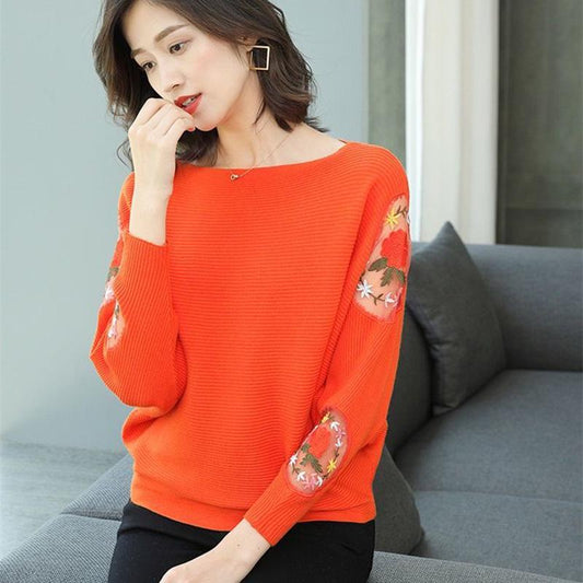 Round Neck Women's Shirt Loose Lace Hollow Knit Sweater Long Sleeves One-shoulder Short Bottoming Shirt