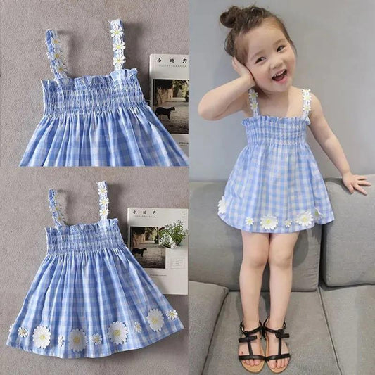 Children Dress Girls' Summer Thin Dress Suspender Dress Plaid Off Shoulder Chrysanthemum Princess Dress Ruffle